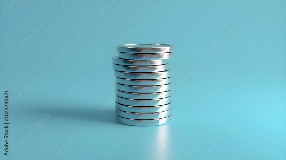 Stack of silver coins on blue background. Concept of finance, investment, savings, banking, and wealth. Stack of silver coins on blue background. Concept of finance, investment, savings, banking, and wealth.