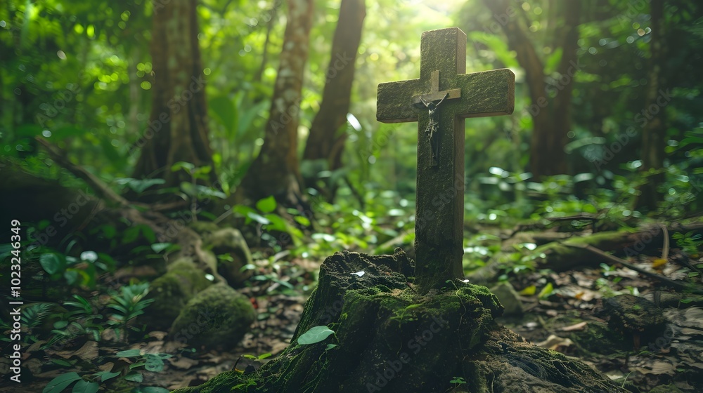 Carved Cross in Lush Forest Symbolizing Nature s Spiritual Embrace Carved Cross in Lush Forest Symbolizing Nature s Spiritual Embrace