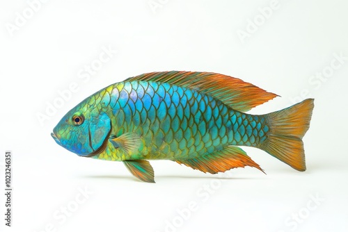 the beside view Stoplight Parrotfish, left side view, white copy space on right, Isolated on White Background