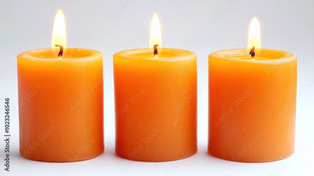 Three pillar candles burning brightly, isolated on a clean white background Three pillar candles burning brightly, isolated on a clean white background
