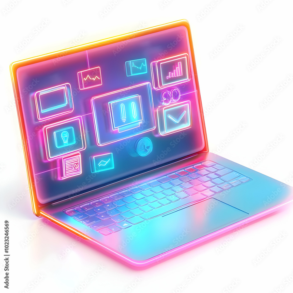 Laptop Showcasing Holographic Home Office and Productivity Icons - A Stunning Photo of a Glossy Glowing Laptop with Centralized Icons Set Against a White Background for Home Office Conceptual Imagery Laptop Showcasing Holographic Home Office and Productivity Icons - A Stunning Photo of a Glossy Glowing Laptop with Centralized Icons Set Against a White Background for Home Office Conceptual Imagery
