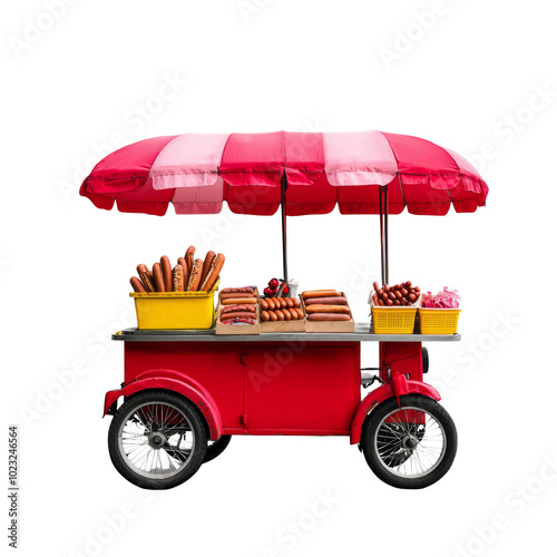 Vibrant hot dog stand with red and yellow design, showcasing an array of sausages and buns, ready for street food enthusiasts. photo