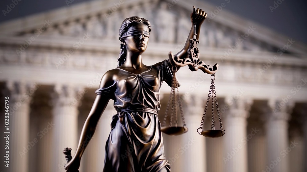 Cinematic Image of the Lady Justice Statue, A Blindfolded Woman Gracefully Holding Scales, Symbolizing Impartiality and Integrity in Justice Cinematic Image of the Lady Justice Statue, A Blindfolded Woman Gracefully Holding Scales, Symbolizing Impartiality and Integrity in Justice