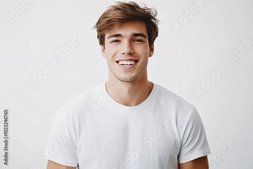 Portrait Of A Handsome Young Man Smiling While Standing Against White Background