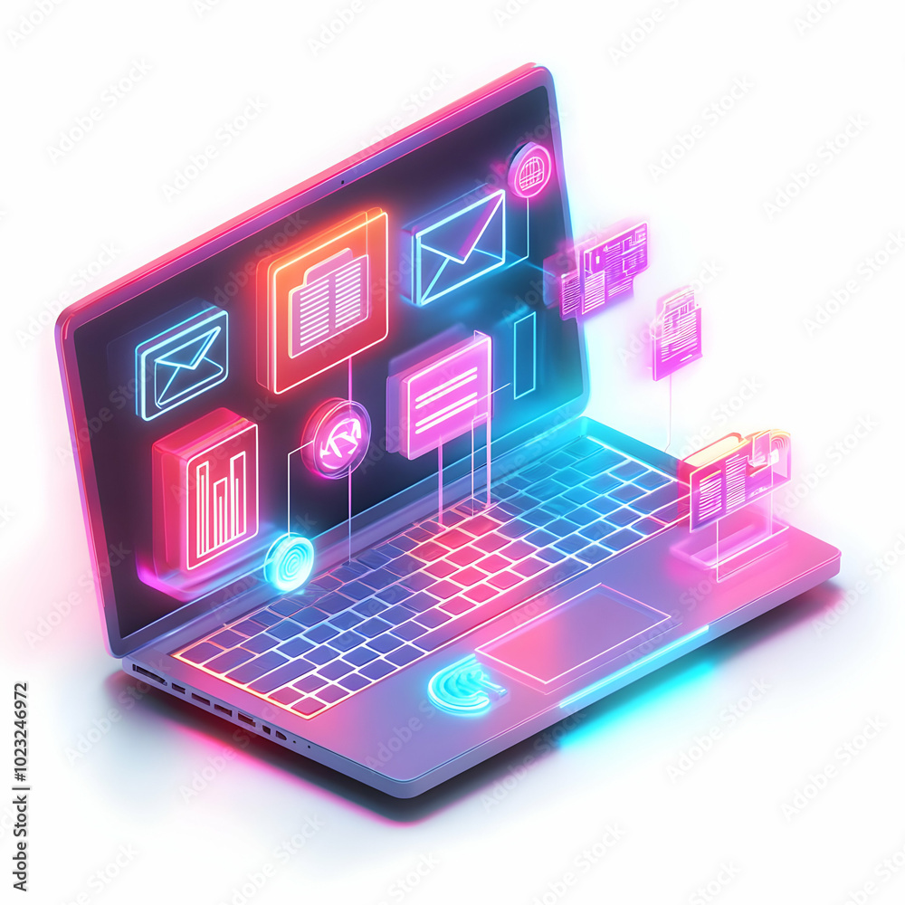 Laptop with Holographic Home Office Icon and Productivity Concept - Photo of Glossy Laptop Showcasing Glowing Icons Isolated on White Background Highlighting Modern Home Office Setup Laptop with Holographic Home Office Icon and Productivity Concept - Photo of Glossy Laptop Showcasing Glowing Icons Isolated on White Background Highlighting Modern Home Office Setup