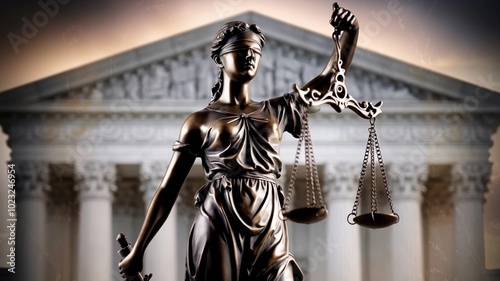 Cinematic Image of the Lady Justice Statue, A Blindfolded Woman Gracefully Holding Scales, Symbolizing Impartiality and Integrity in Justice photo