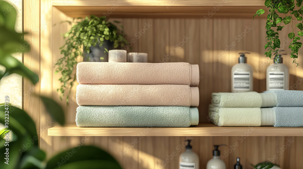 plush terry towels in various colors, neatly folded on a shelf in a cozy, elegant bathroom. plush terry towels in various colors, neatly folded on a shelf in a cozy, elegant bathroom.
