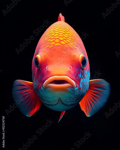 the Queen Parrotfish, portrait view, white copy space on right, Isolated on black Background photo