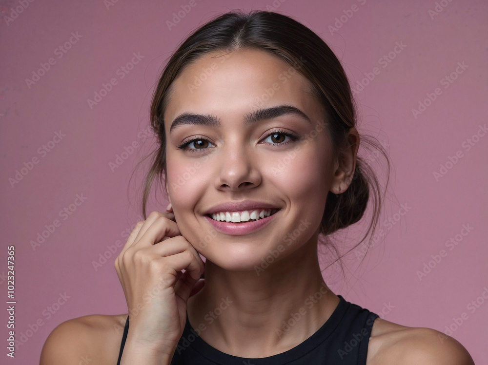 Elegant Woman with Flawless Skin and Natural Makeup Posing Against a Soft Background Elegant Woman with Flawless Skin and Natural Makeup Posing Against a Soft Background