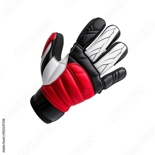 Vibrant soccer goalkeeper glove with red, black, and white design. Perfect for sports equipment and athlete gear concepts. photo