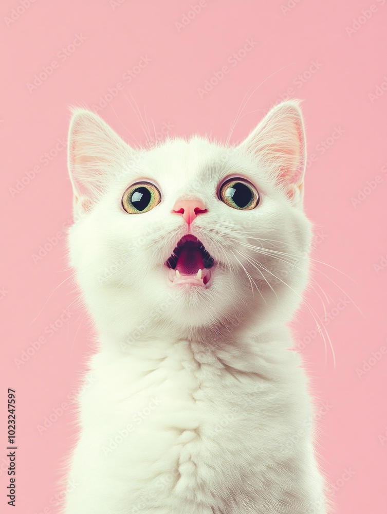 Adorable White Cat with Open Mouth on Pink Background Adorable White Cat with Open Mouth on Pink Background