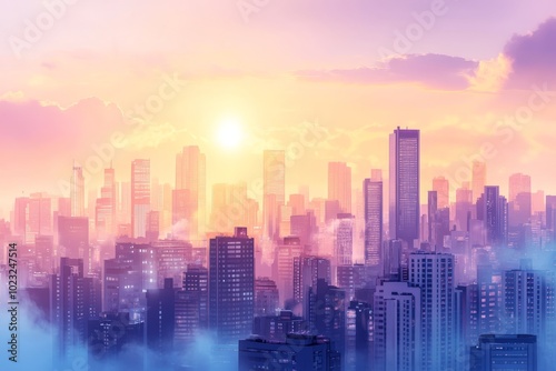 A city landscape full of modern sense, with purple tones as the theme, sunny during the day, the city is full of bright colors and interesting architecture, can be used for business presentation PPT.