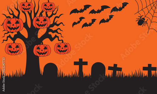 Halloween spoke orange background cemetery with pumpkins, bats, tree hanging smiling pumpkin 