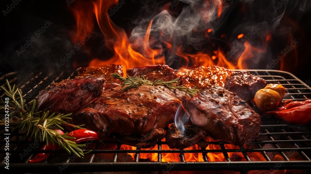 A barbecue scene with marinated meats being placed on a grill, with smoke rising.generative ai illustration A barbecue scene with marinated meats being placed on a grill, with smoke rising.generative ai illustration