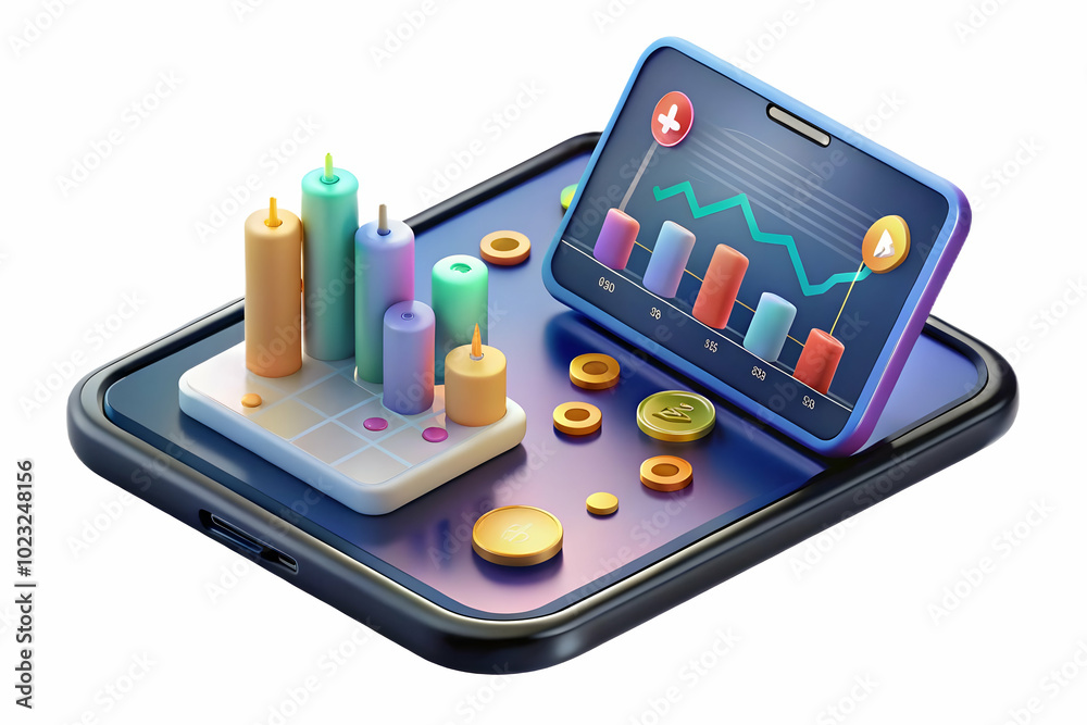High Angle Shot of Glossy Tablet with Holographic Bar Charts & Dollar Signs on White Background - Ideal for Financial Reports & Analysis in Photo Stock Concept High Angle Shot of Glossy Tablet with Holographic Bar Charts & Dollar Signs on White Background - Ideal for Financial Reports & Analysis in Photo Stock Concept