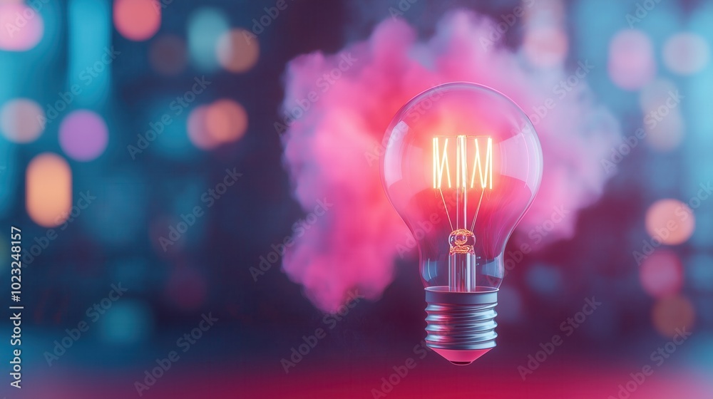 Floating Light Bulb with Pink Smoke and Bokeh Background Floating Light Bulb with Pink Smoke and Bokeh Background