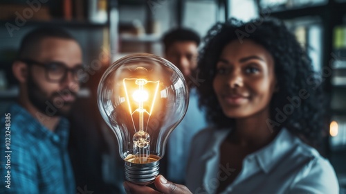 Illuminated Light Bulb Symbolizing Ideas in a Team Meeting