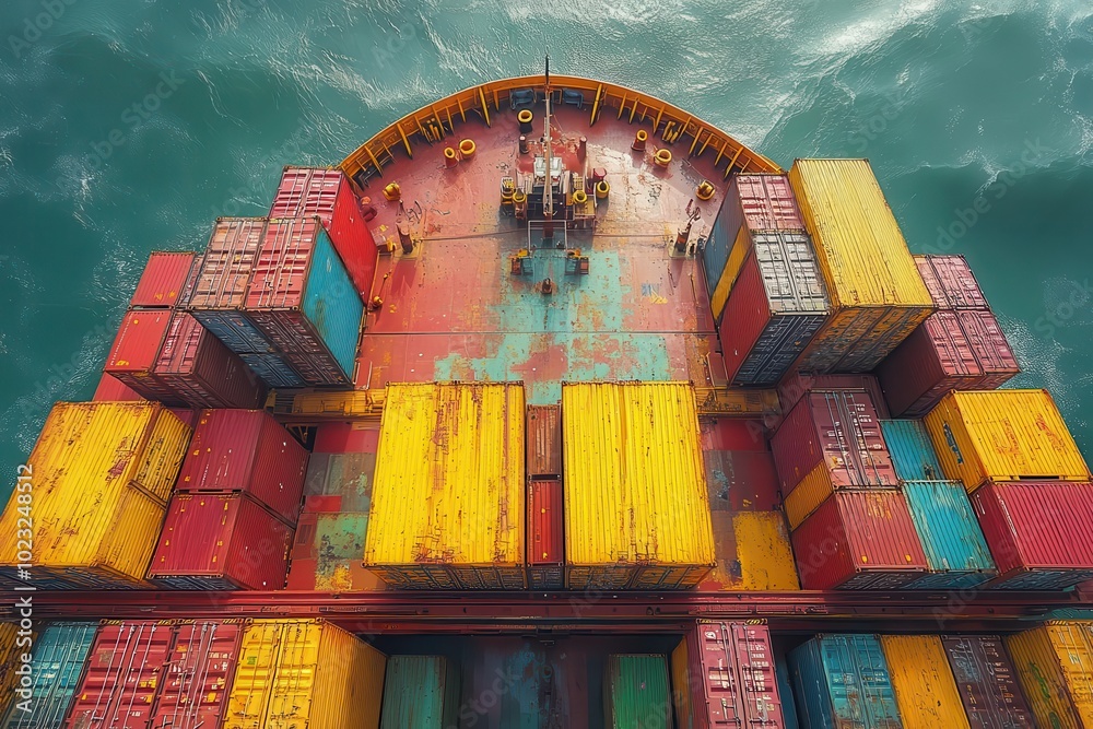 Fototapeta premium colorful cargo ship viewed from above showcasing its vibrant containers and intricate layout set against a vast ocean backdrop emphasizing global trade and transportation