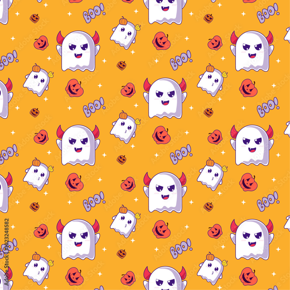 Halloween ghosts pattern, cute characters in pumpkins, horns, boo text on orange background in flat for wrapping papers, wallpapers, packaging, scary autumn party illustration Halloween ghosts pattern, cute characters in pumpkins, horns, boo text on orange background in flat for wrapping papers, wallpapers, packaging, scary autumn party illustration
