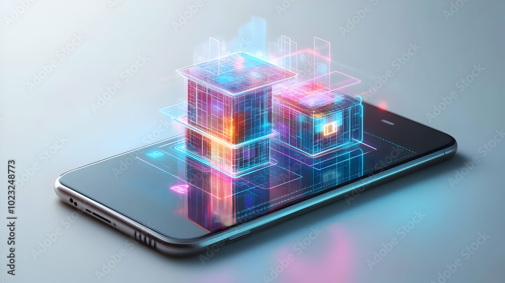 3D Glossy Holographic Mobile Phone Icon Depicting Home Office and Connectivity Concepts on Isolated White Background - Perfect for Digital Communication Themes 3D Glossy Holographic Mobile Phone Icon Depicting Home Office and Connectivity Concepts on Isolated White Background - Perfect for Digital Communication Themes