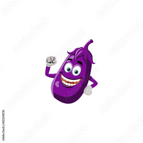 Vector graphic of illustration of a cute happy eggplant character with a clenched fist. Cute cartoon food in flat style. Vegetable emoji vector illustration

