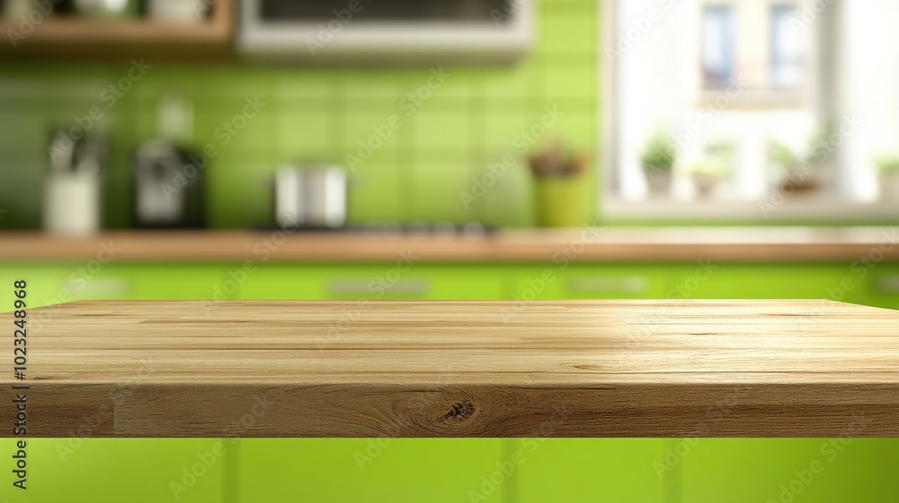 Focus on wooden table top with a blurred, stylish green kitchen, providing a clean mockup space for product or design displays Focus on wooden table top with a blurred, stylish green kitchen, providing a clean mockup space for product or design displays