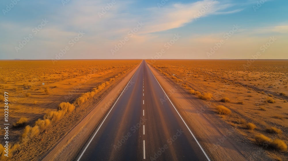 Naklejka premium Endless Desert Road Leading to the Rising Sun