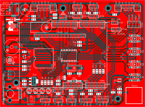 Vector printed circuit board of electronic 
device with components of radio elements, 
conductors and contact pads placed on it. 
Engineering technical drawing. Concept of pcb design.