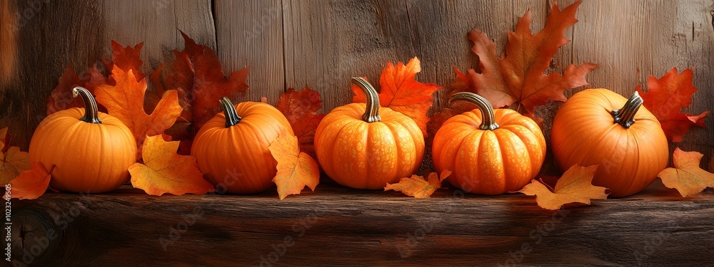 A photograph of pumpkins and autumn leaves on a wooden background, showcasing the beauty of the fall season A photograph of pumpkins and autumn leaves on a wooden background, showcasing the beauty of the fall season