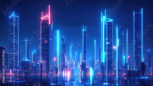 Futuristic night city illuminated with blue neon lights, showing a smart city's connected infrastructure, digital metaverse concept