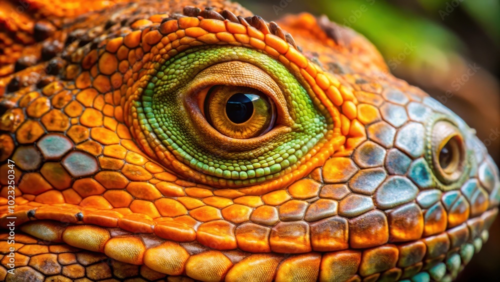 Fototapeta premium Close-up of bright orange iguana eye with dark brown skin and green/yellow markings