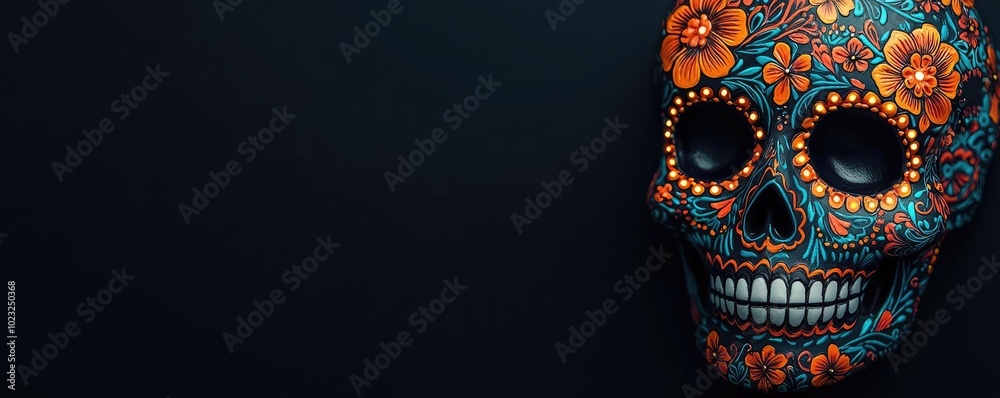 Vibrant decorative skull featuring floral patterns, symbolizing life, death, and celebration in a dark background. Vibrant decorative skull featuring floral patterns, symbolizing life, death, and celebration in a dark background.