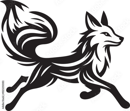 Black and white running fox vector tattoo design silhouette photo