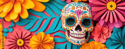 Colorful sugar skull surrounded by vibrant flowers, perfect for Day of the Dead celebrations or festive decorations.