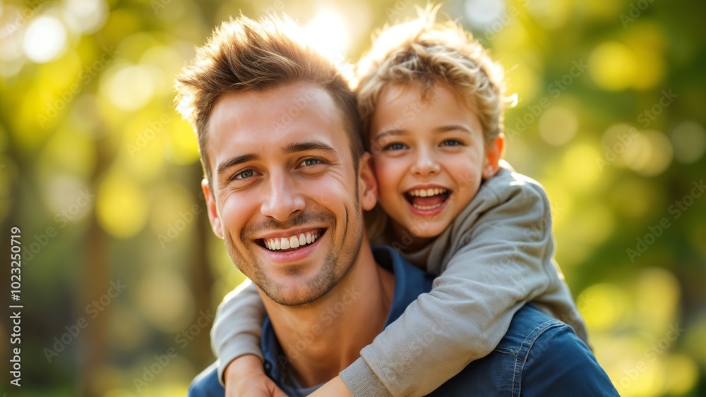 Happy father and son enjoying time together outdoors, piggyback ride, joyful family moment, Father's Day celebration
Happy father and son enjoying time together outdoors, piggyback ride, joyful family moment, Father's Day celebration