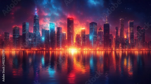 colorful futuristic cityscape at night glowing skyscrapers punctuating the skyline neon lights casting vibrant reflections in the water below a vision of modern urban life