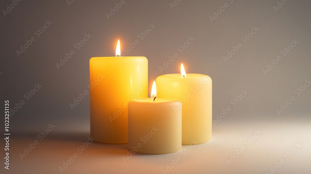 Trio of softly flickering pillar candles glowing warmly on a pure white backdrop Trio of softly flickering pillar candles glowing warmly on a pure white backdrop