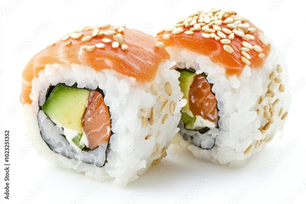 Fresh salmon avocado sushi roll with sesame seeds Fresh salmon avocado sushi roll with sesame seeds