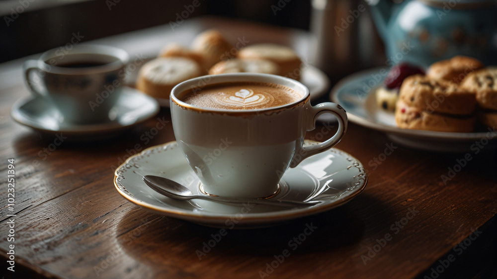 Cozy breakfast nook with coffee and bread. Cozy breakfast nook with coffee and bread.