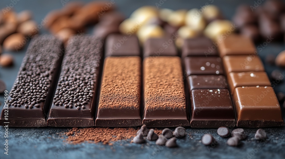Close up of various delicious chocolate bars with different textures and flavors in a set new beautiful stock image illustration AI Close up of various delicious chocolate bars with different textures and flavors in a set new beautiful stock image illustration AI