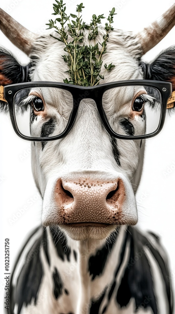 white and black cow, with black glasses. herbs are poured on it. background white background white and black cow, with black glasses. herbs are poured on it. background white background