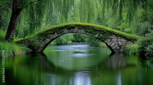 Moss-laden stone bridge over a calm river, willows dipping their branches into the water, timeless natural beauty