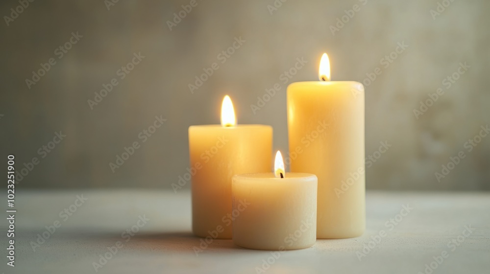 Trio of softly glowing pillar candles with warm flames isolated on a clean white surface Trio of softly glowing pillar candles with warm flames isolated on a clean white surface