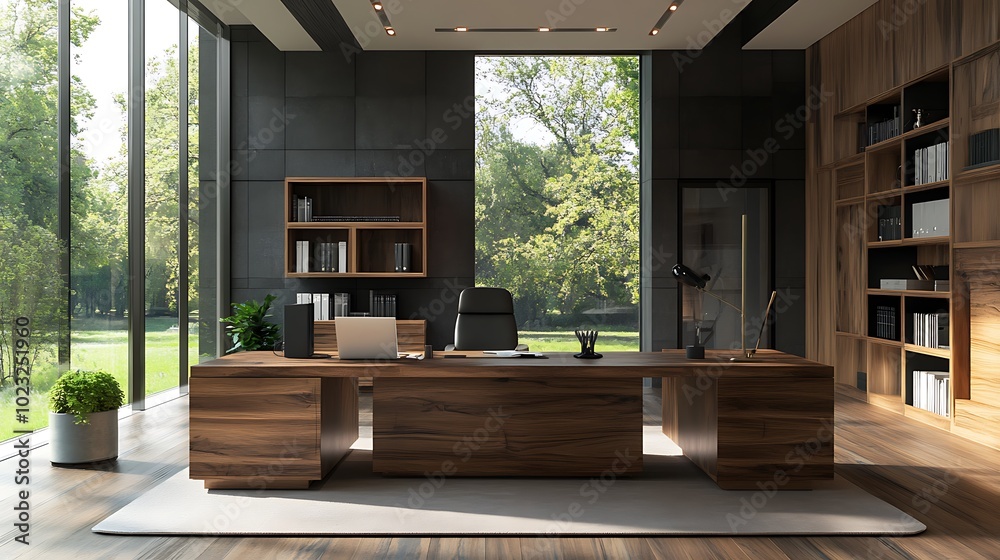 Modern office interior with large windows overlooking a green garden.