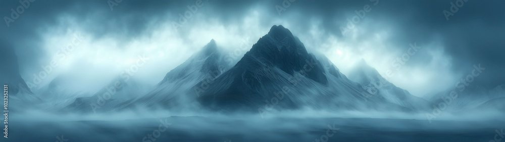 Rugged mountain peaks emerging through thick fog, bathed in soft light, creating a moody atmosphere. Rugged mountain peaks emerging through thick fog, bathed in soft light, creating a moody atmosphere.