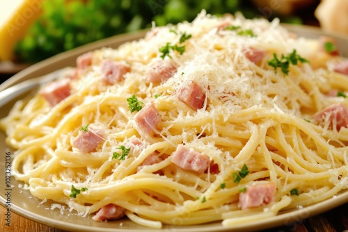 Hearty spaghetti carbonara with parmesan parsley on plate