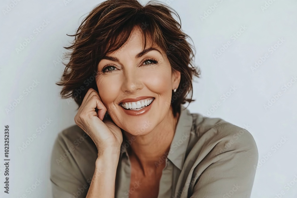 Portrait Of Beautiful Mature Woman Smiling And Looking At Camera Against White Background Portrait Of Beautiful Mature Woman Smiling And Looking At Camera Against White Background