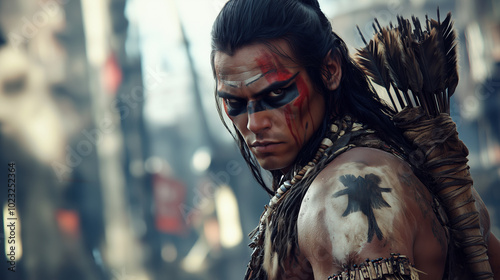 Native American warrior standing fearless on the streets of modern city
