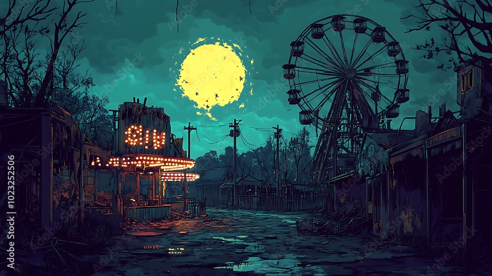 Obraz premium A spooky cartoon-style illustration of a haunted carnival with broken rides and shattered stalls. Eerie lights cast shadows across the ground,