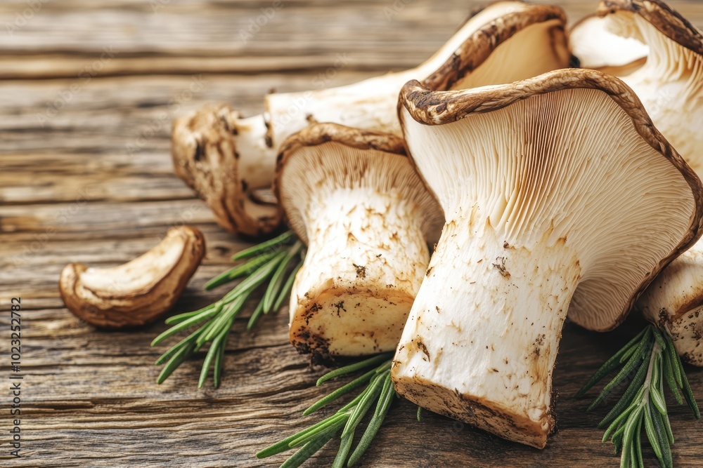 Fresh oyster mushrooms with rosemary on rustic wooden background Fresh oyster mushrooms with rosemary on rustic wooden background